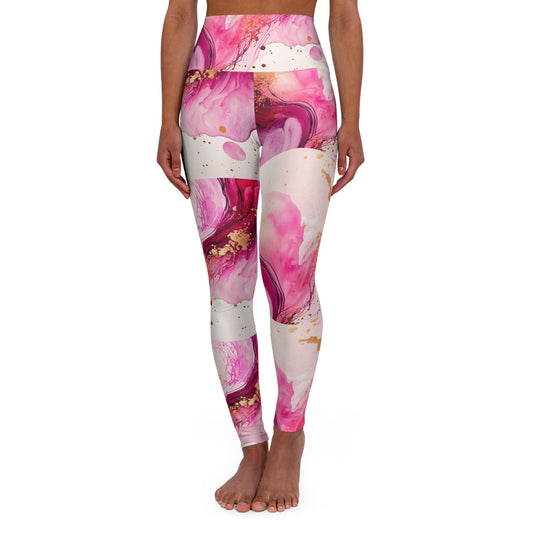 Pink Marble High-Waisted Leggings — Floral Abstract All-Over Print for Pilates & Fitness©