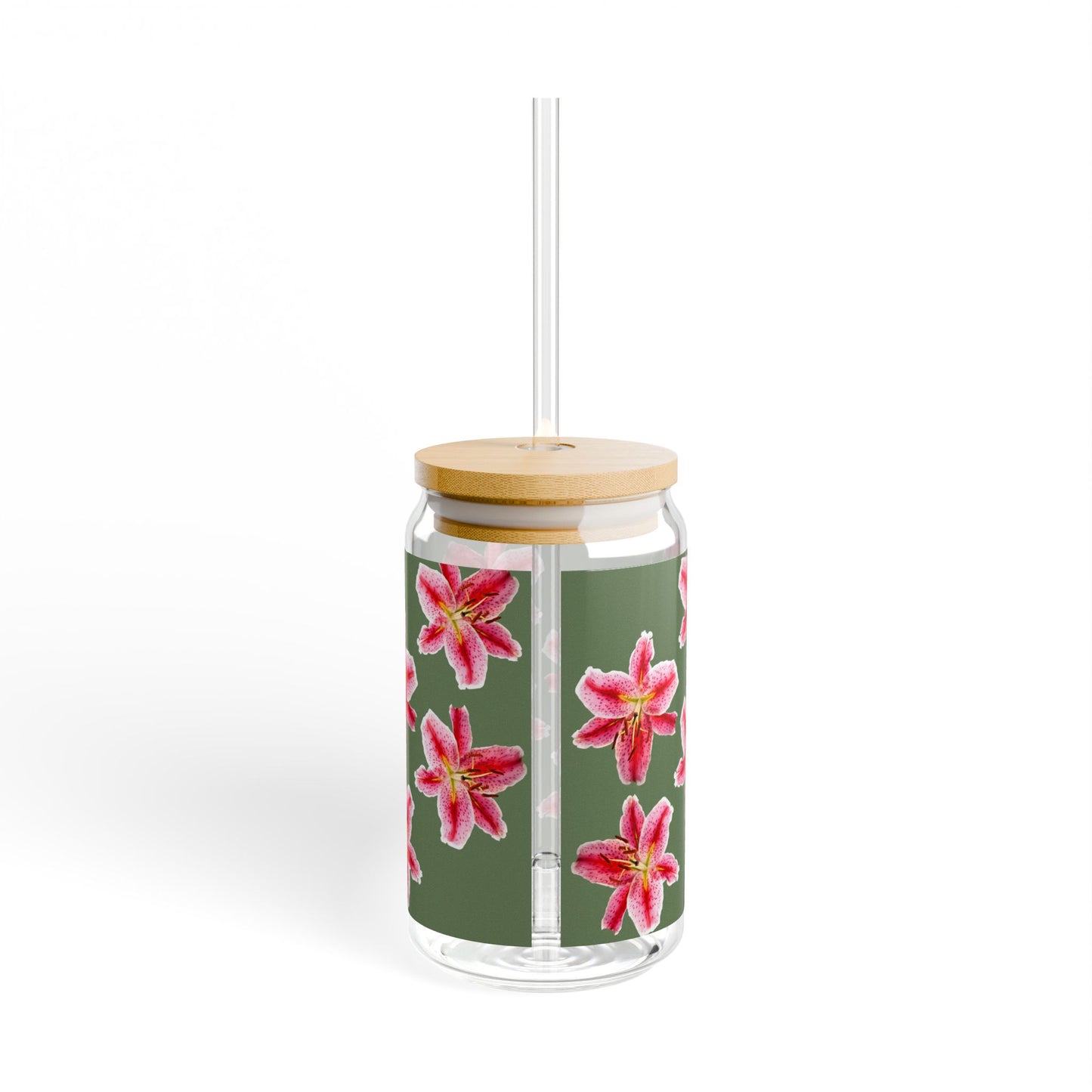 16oz Floral Sipper Glass with Pink Stargazer Lily Pattern — Reusable Straw Tumbler, Gift for Gardeners & Nature Lovers©