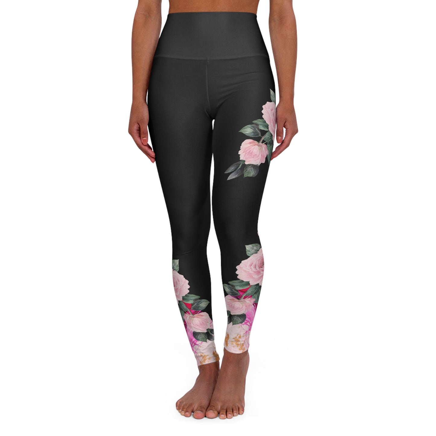 Floral High-Waisted Yoga Leggings — Pink Rose Black Ombre Activewear©