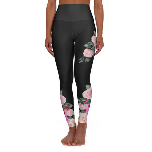 Floral High-Waisted Yoga Leggings — Pink Rose Black Ombre Activewear©