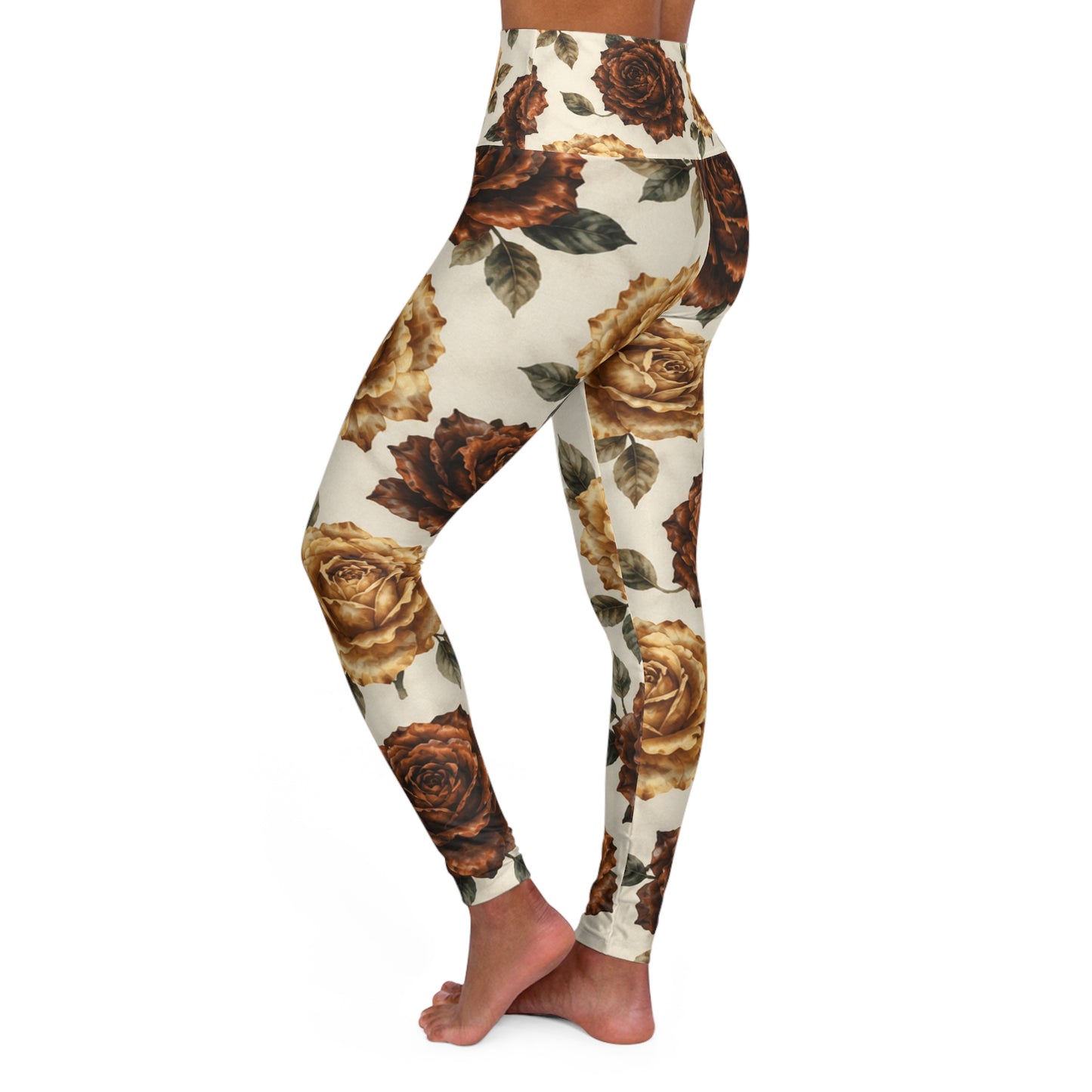 High-Waist Floral Yoga Leggings — Vintage Brown Rose Print©