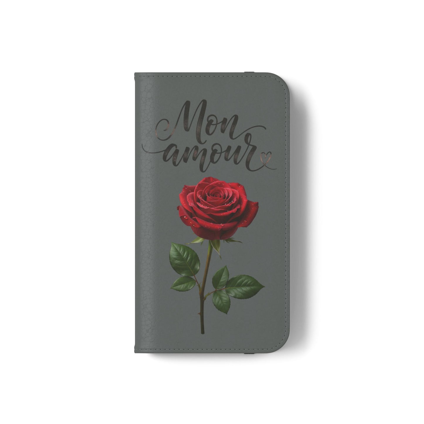 Mon Amour Rose Flip Phone Case — Floral Wallet Flip Case with 'Mon amour' Script