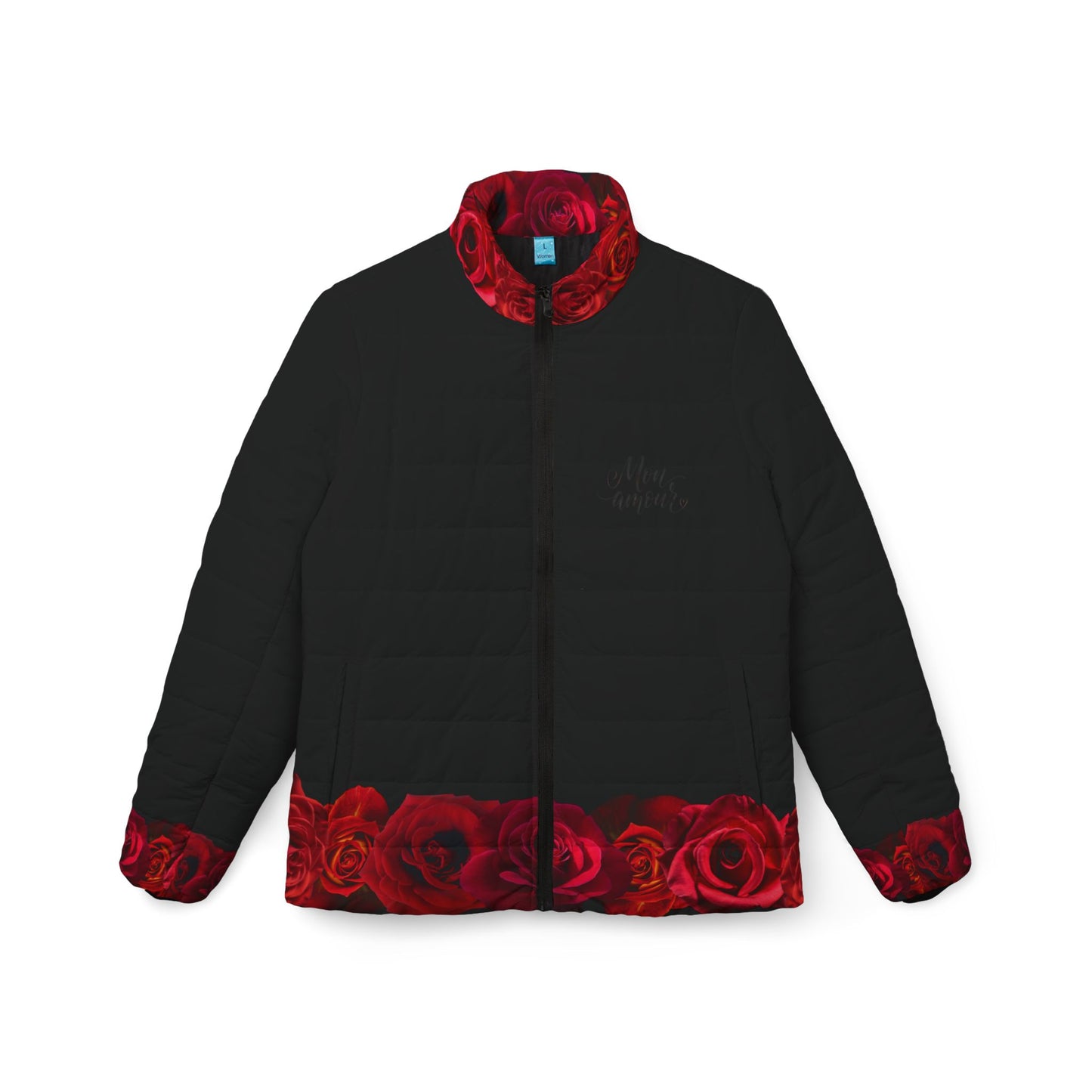Women’s Rose Trim Puffer Jacket — Black Quilted Coat with Red Rose Border