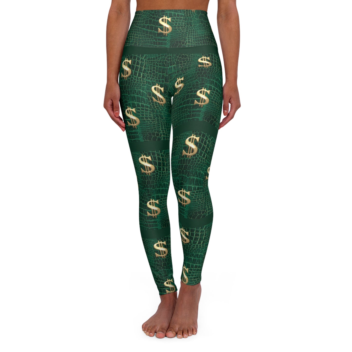Money Sign High-Waisted Yoga Leggings — Green Dollar Print Activewear©