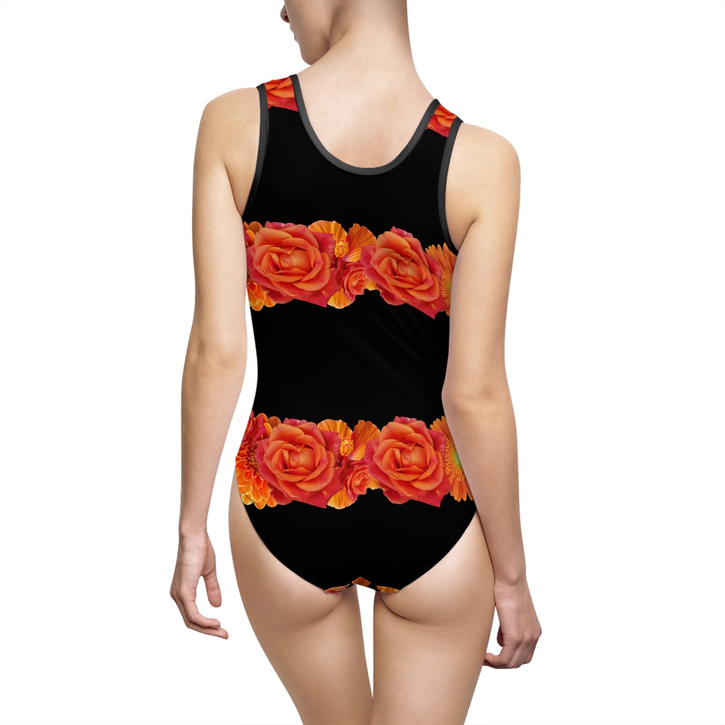 Women's One-Piece Swimsuit — Black with Orange Rose Stripes©