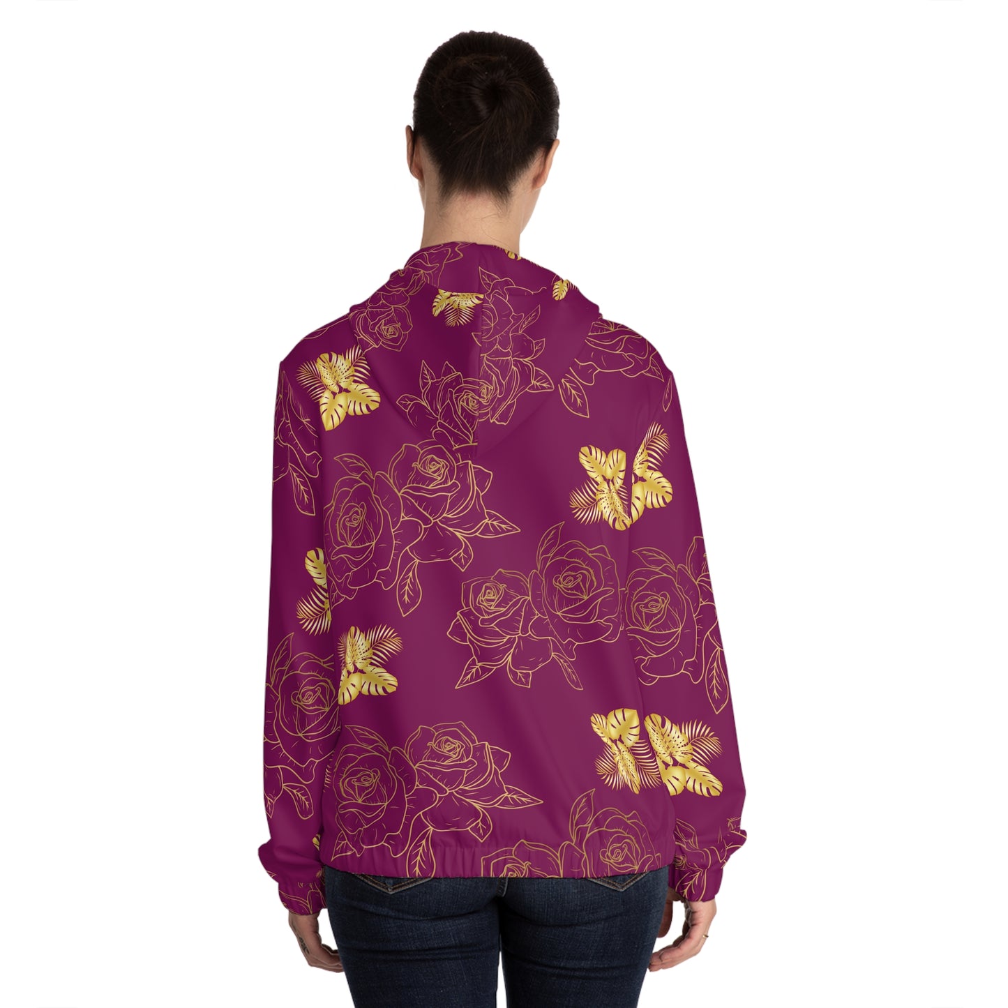 Floral Butterfly Zip Hoodie — Burgundy Rose Pattern Women’s Full-Zip©