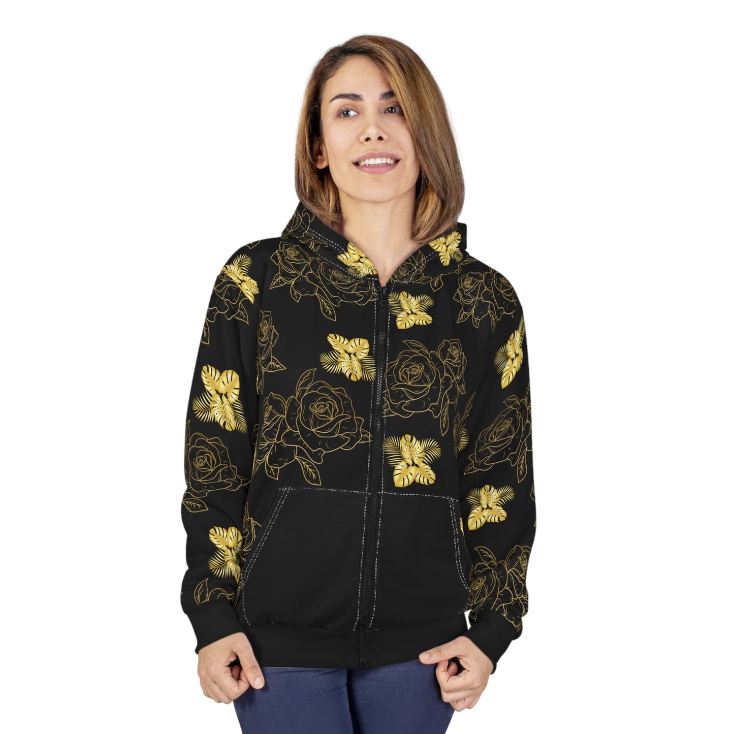 Zip Hoodie — Black & Gold Floral Rose Pattern All-Over Print©