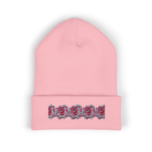 Embroidered Pink Rose Row Cuffed Beanie — Classic Floral Knit Hat©