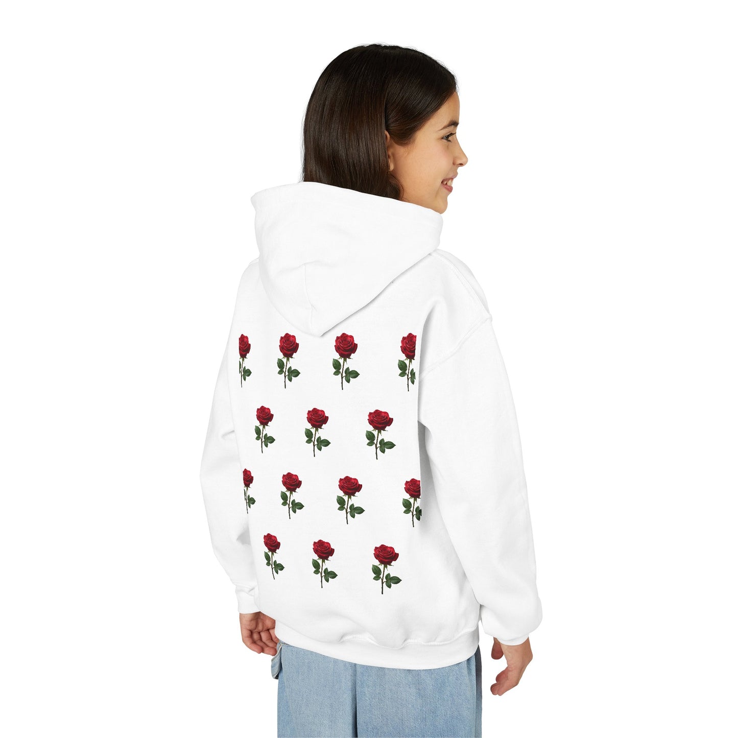 Youth Hoodie — 'Mon Amour' Script Front & Red Rose Pattern Back©