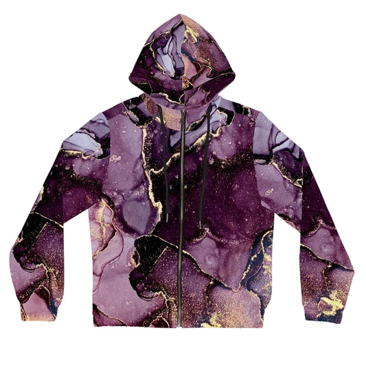 Purple Marble Zip Hoodie — Gold Vein Abstract All-Over Print©