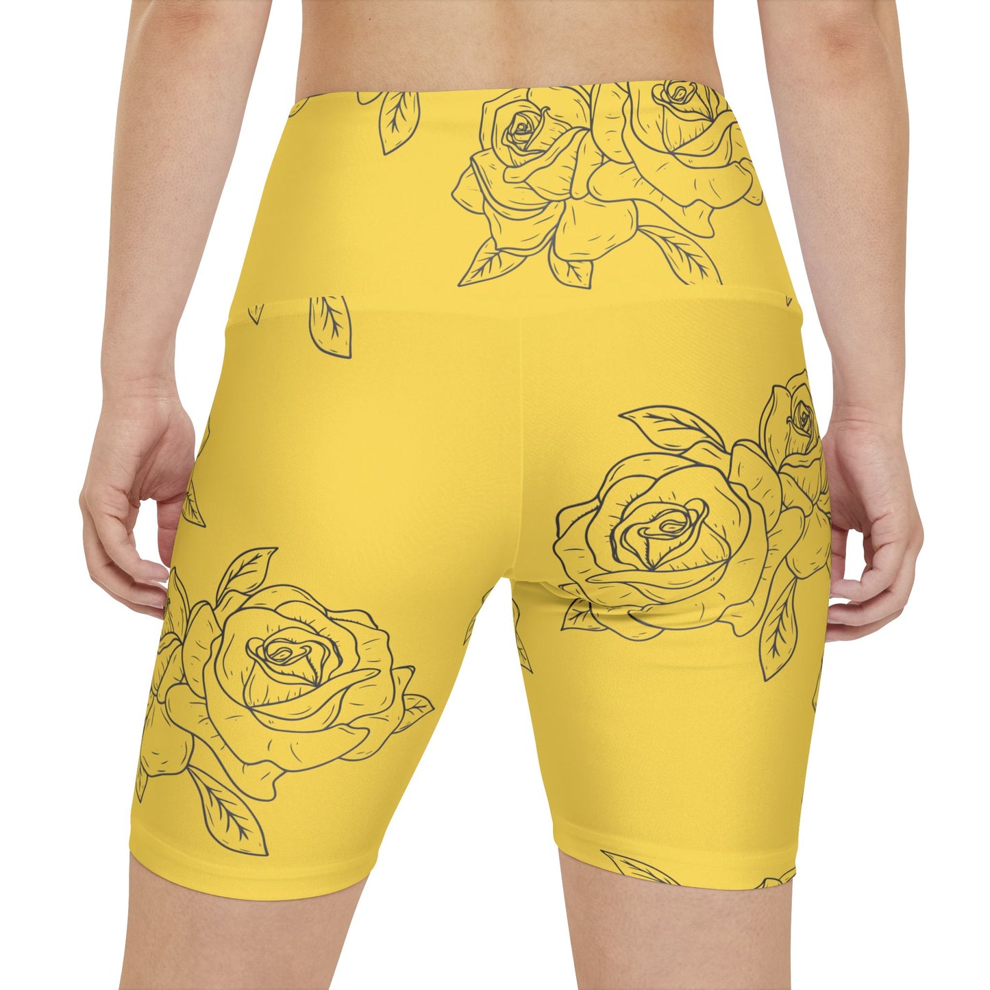 Yellow Rose Print Workout Shorts — Women's Floral Athletic Biker Shorts©