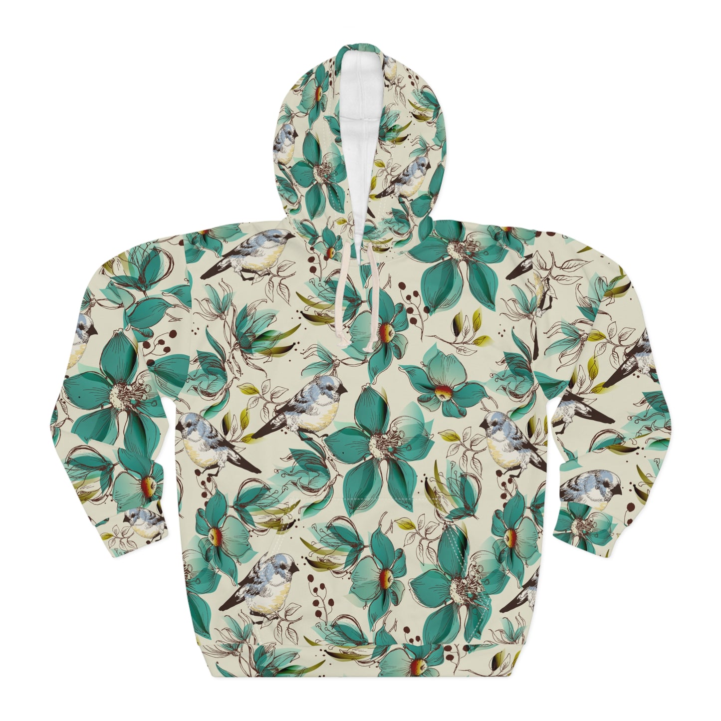 Floral Teal Bird Hoodie — All-Over Print Spring Sweatshirt