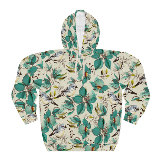 Floral Teal Bird Hoodie — All-Over Print Spring Sweatshirt