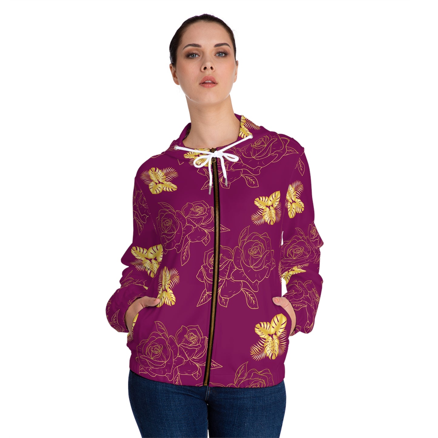 Floral Butterfly Zip Hoodie — Burgundy Rose Pattern Women’s Full-Zip©