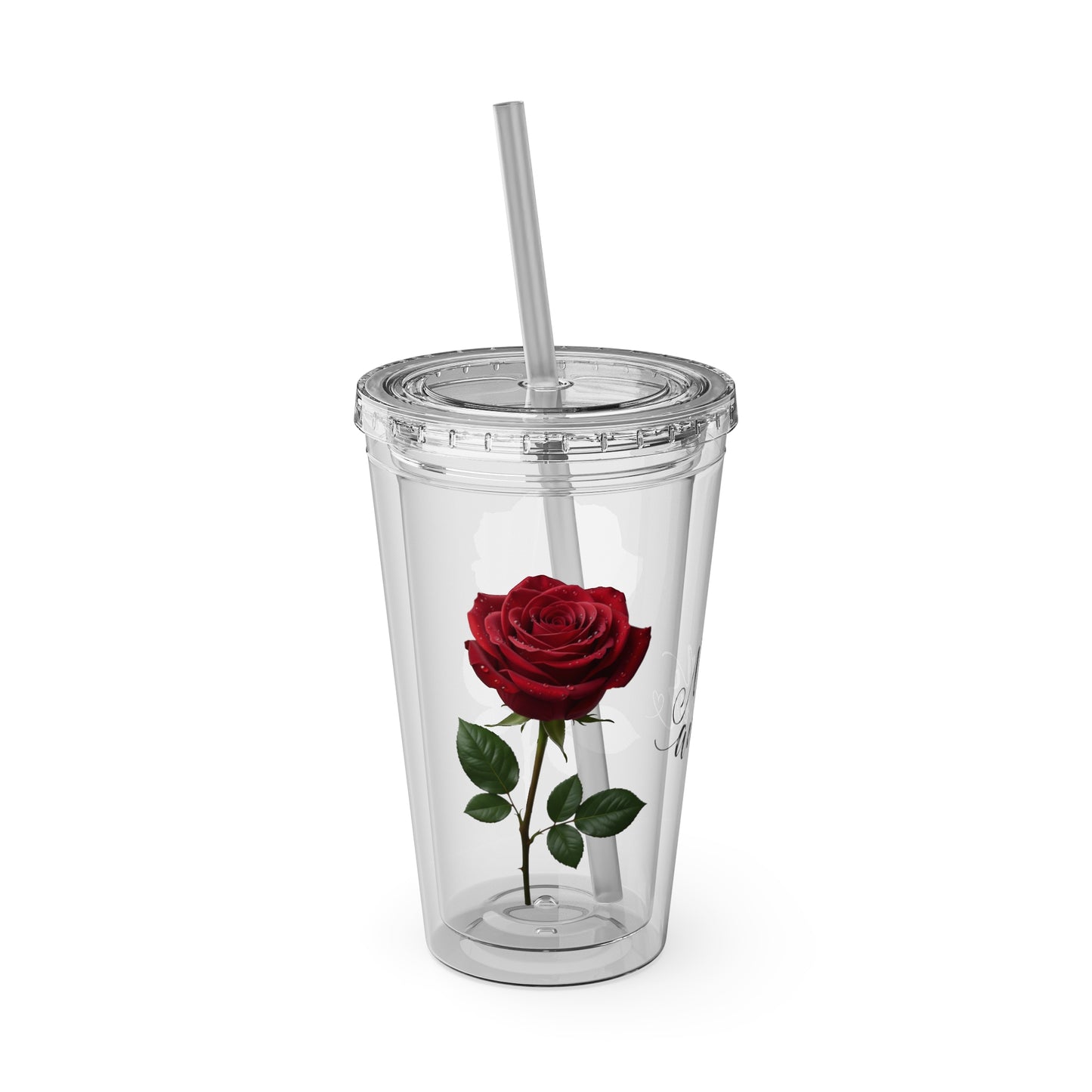 Rose-Print 16oz Tumbler with Straw — "Mon Amour" Clear Cup for Mom, Valentine's Gift