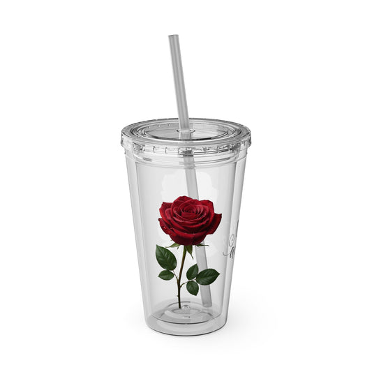 Rose-Print 16oz Tumbler with Straw — "Mon Amour" Clear Cup for Mom, Valentine's Gift