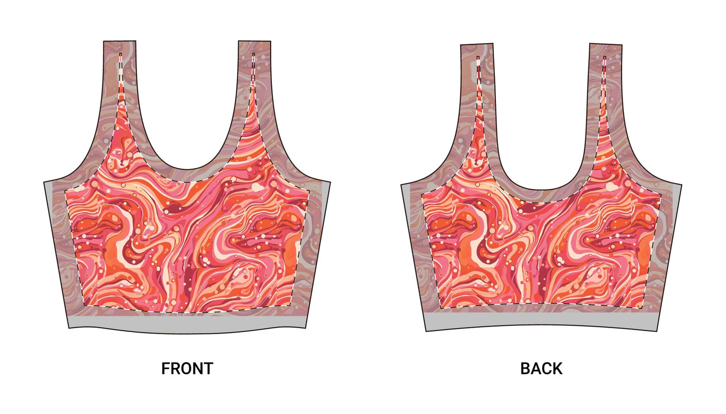 Marbled Sunset Sports Bra — Vibrant Pink Orange All-Over-Print Athletic Crop©