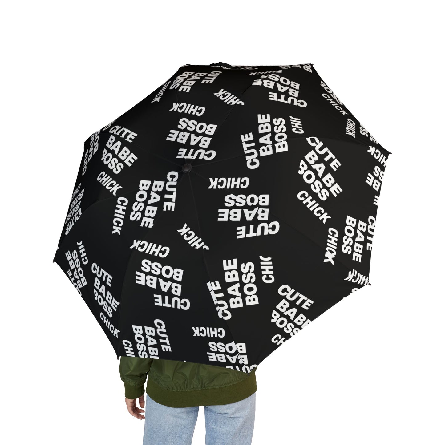 Foldable Umbrella — Black "Cute Babe Boss Chick" Pattern, Semi-Automatic Compact Rain Umbrella©
