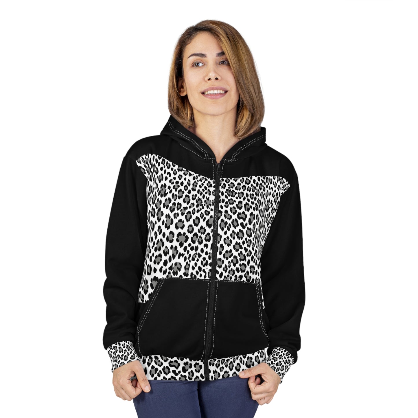 Leopard Panel Zip Hoodie — Black & White Animal Print Zip-Up©