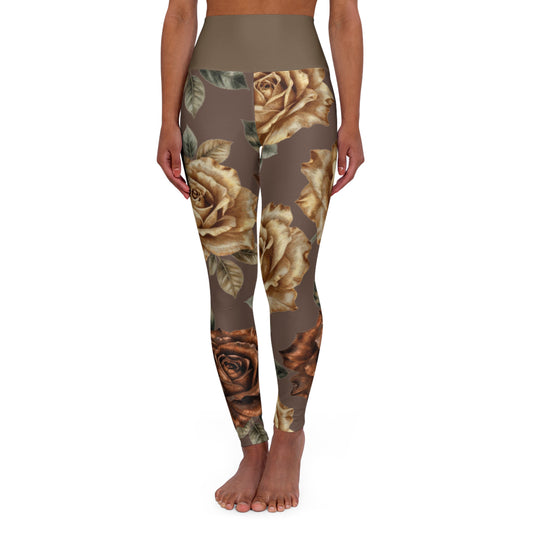 High-Waist Floral Yoga Leggings – Brown Vintage Rose Print©