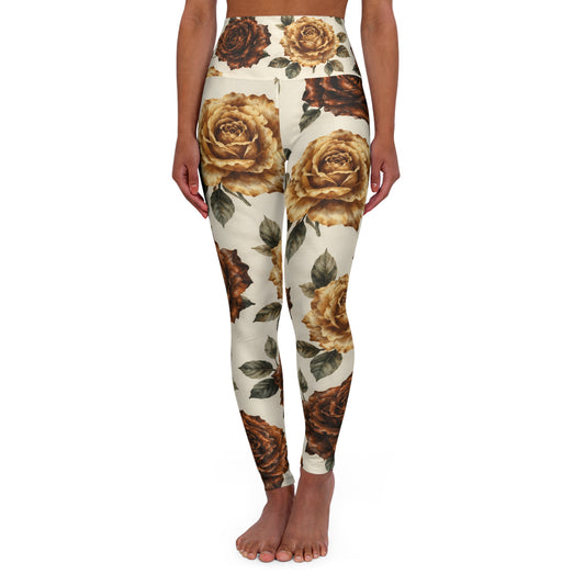 High-Waist Floral Yoga Leggings — Vintage Brown Rose Print©