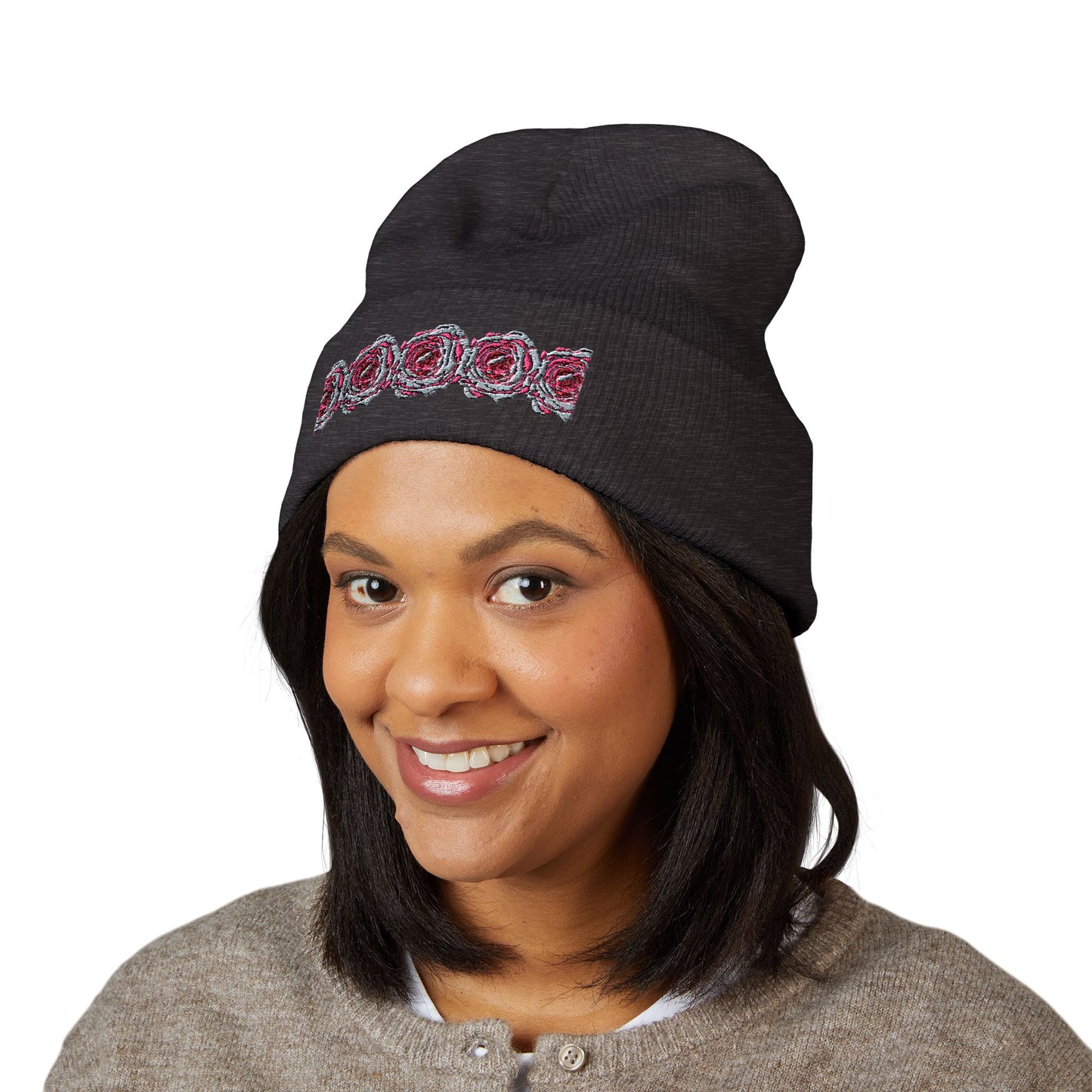 Embroidered Pink Rose Row Cuffed Beanie — Classic Floral Knit Hat©