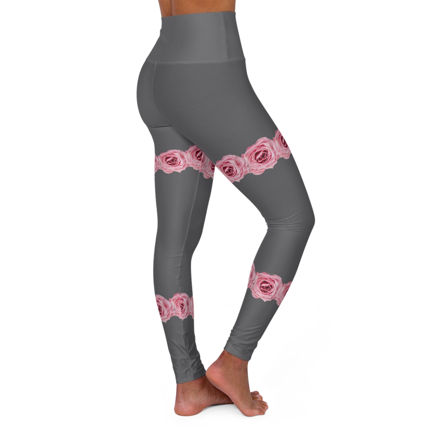 High-Waist Rose Band Yoga Leggings — Pink Floral Thigh Accent, Comfortable Activewear©