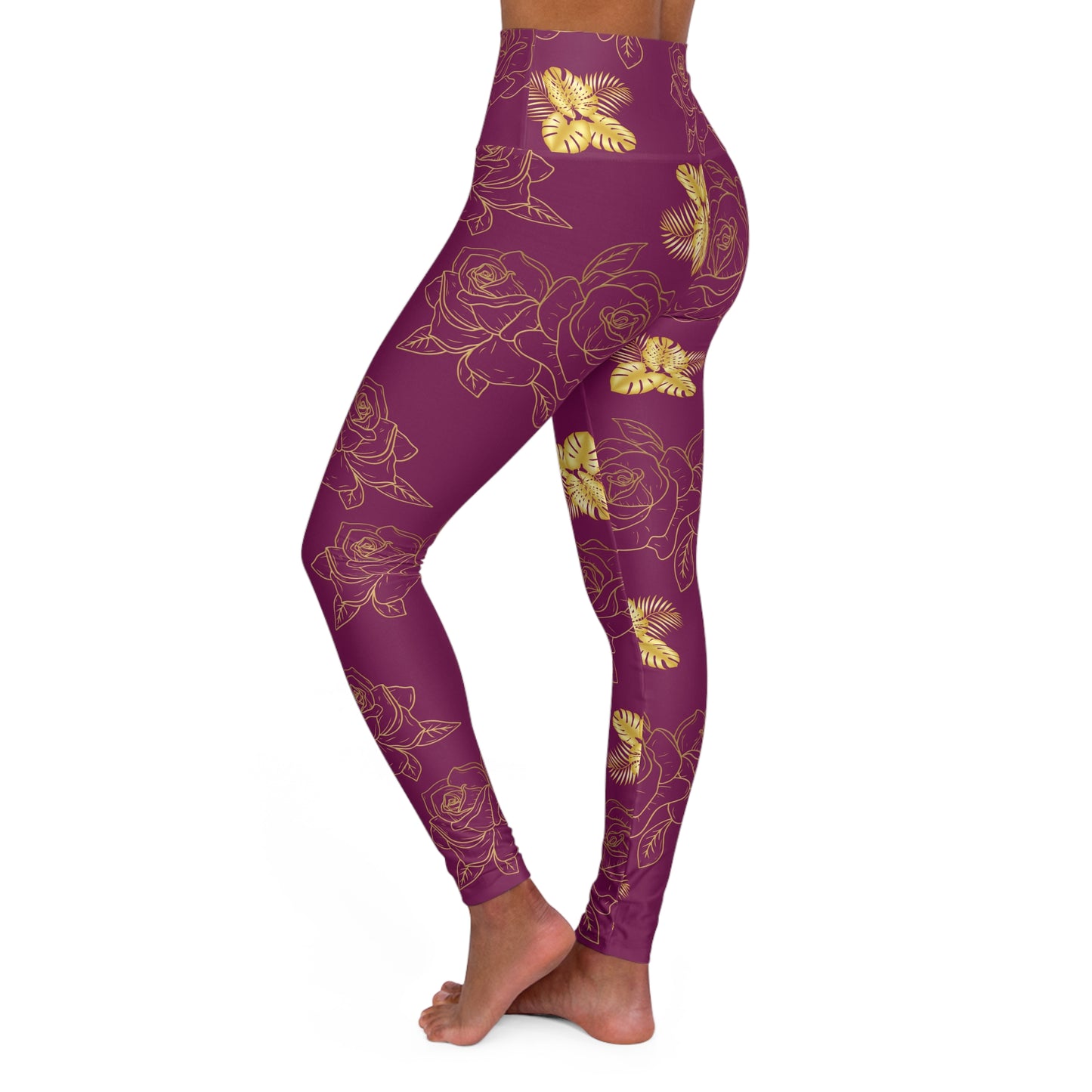 High-Waist Floral Yoga Leggings — Burgundy with Gold Rose & Butterfly Print©
