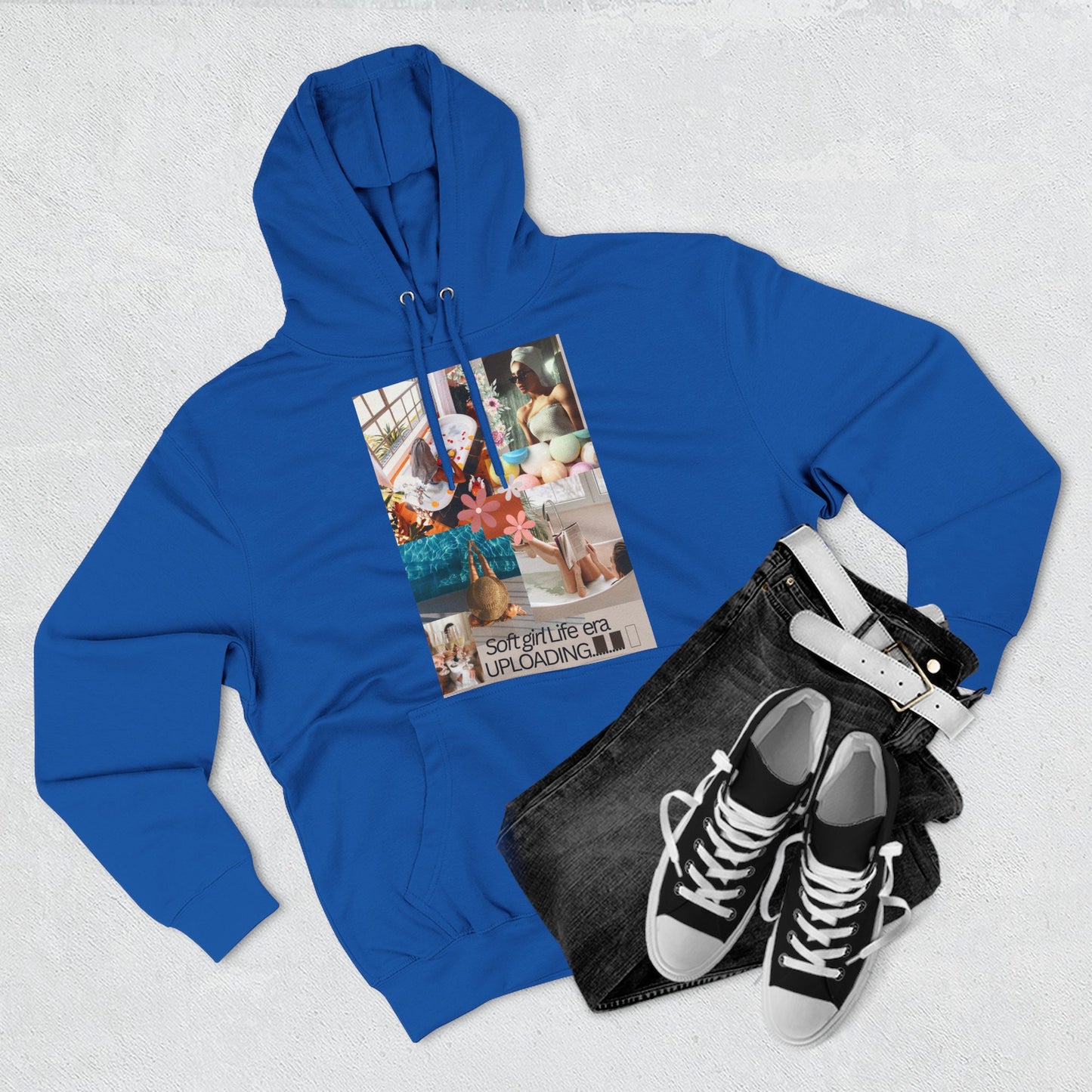 Collage Graphic Hoodie — "Soft Girl Era Uploading" Cozy Fleece Pullover©