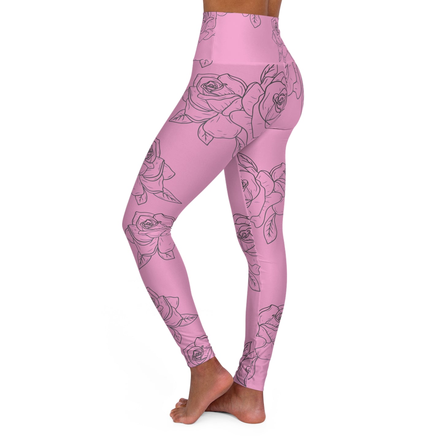 High-Waisted Pink Rose Yoga Leggings — Floral All-Over Print©