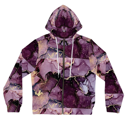 Purple Gold Marble Full‑Zip Hoodie — Women’s Abstract Ink Art Zip-Up©