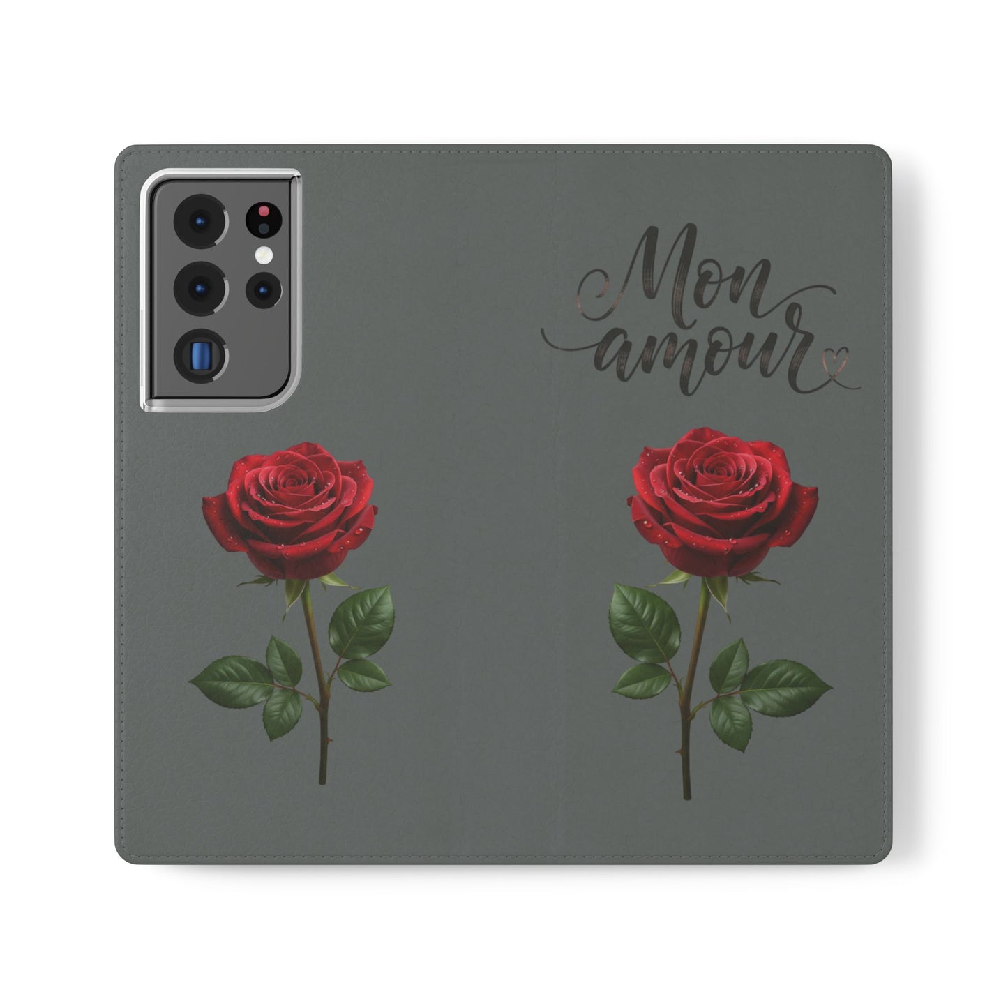 Mon Amour Rose Flip Phone Case — Floral Wallet Flip Case with 'Mon amour' Script