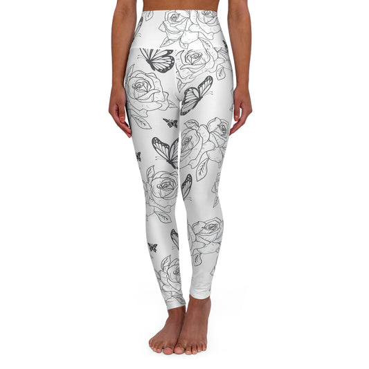 Floral Sketch High-Waist Yoga Leggings — Black & White Rose and Butterfly Print©