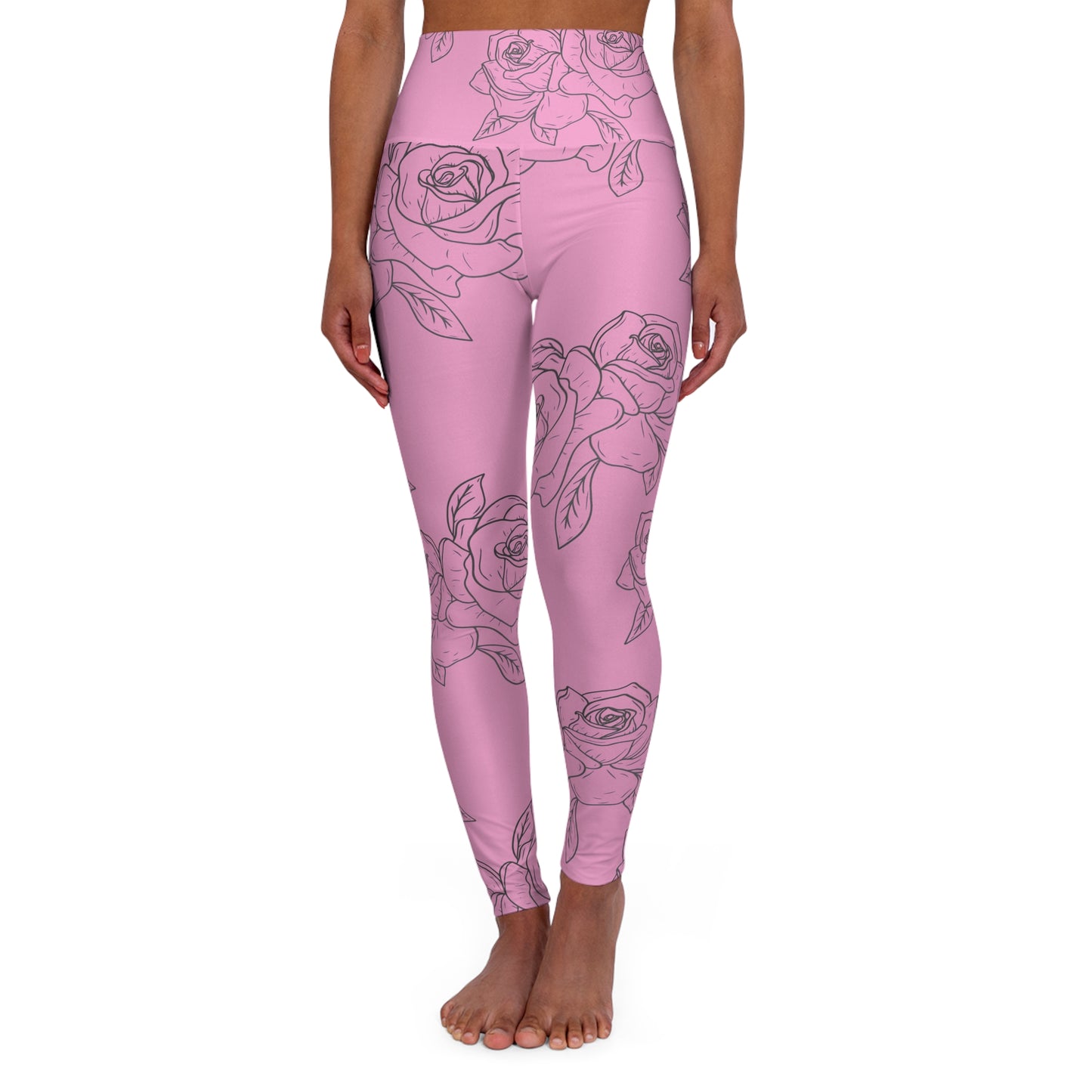 High-Waisted Pink Rose Yoga Leggings — Floral All-Over Print©
