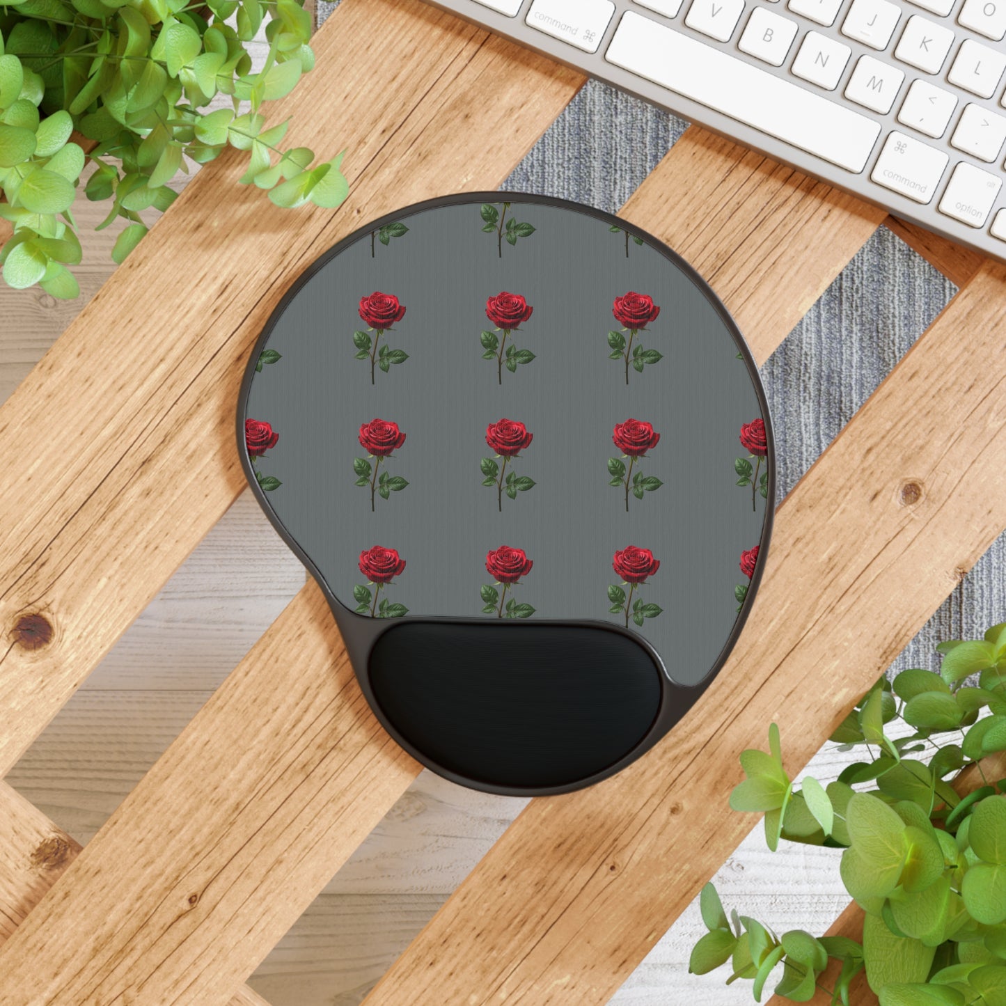 Rose Pattern Ergonomic Mouse Pad with Wrist Rest — Floral Gray Desk Accessory
