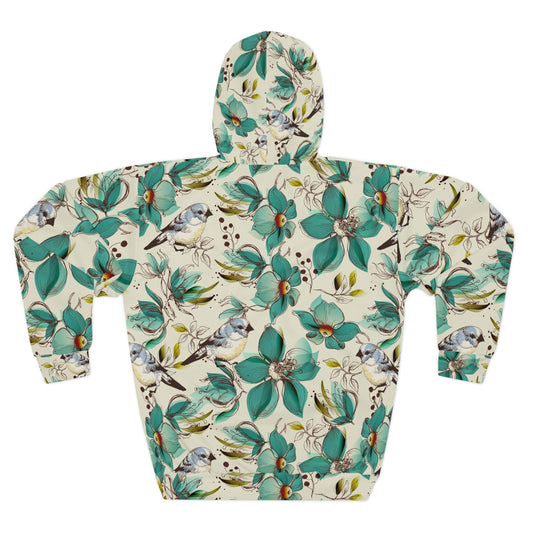 Floral Teal Bird Hoodie — All-Over Print Spring Sweatshirt