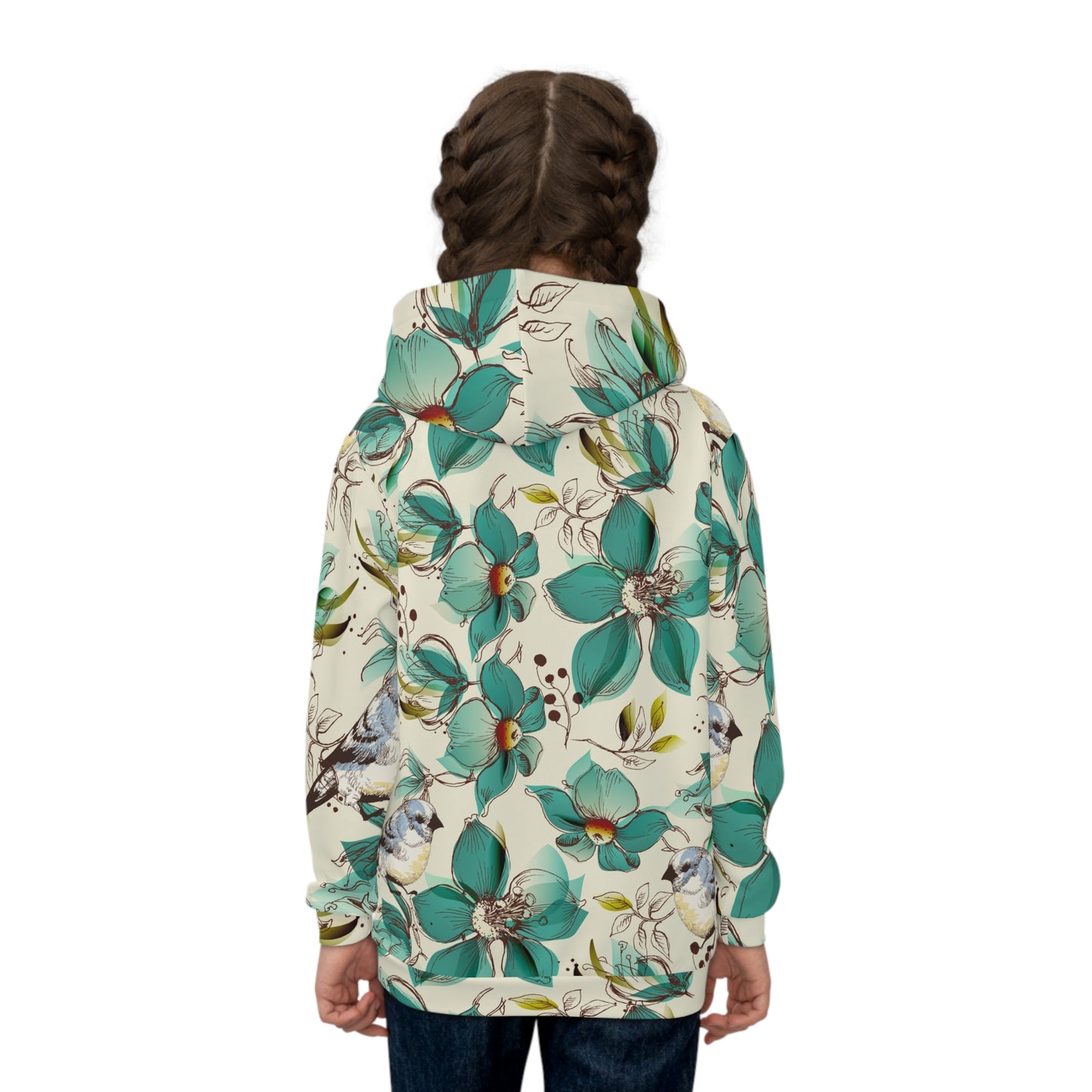 Kids Floral Hoodie — Teal Blooms & Songbirds All-Over Print