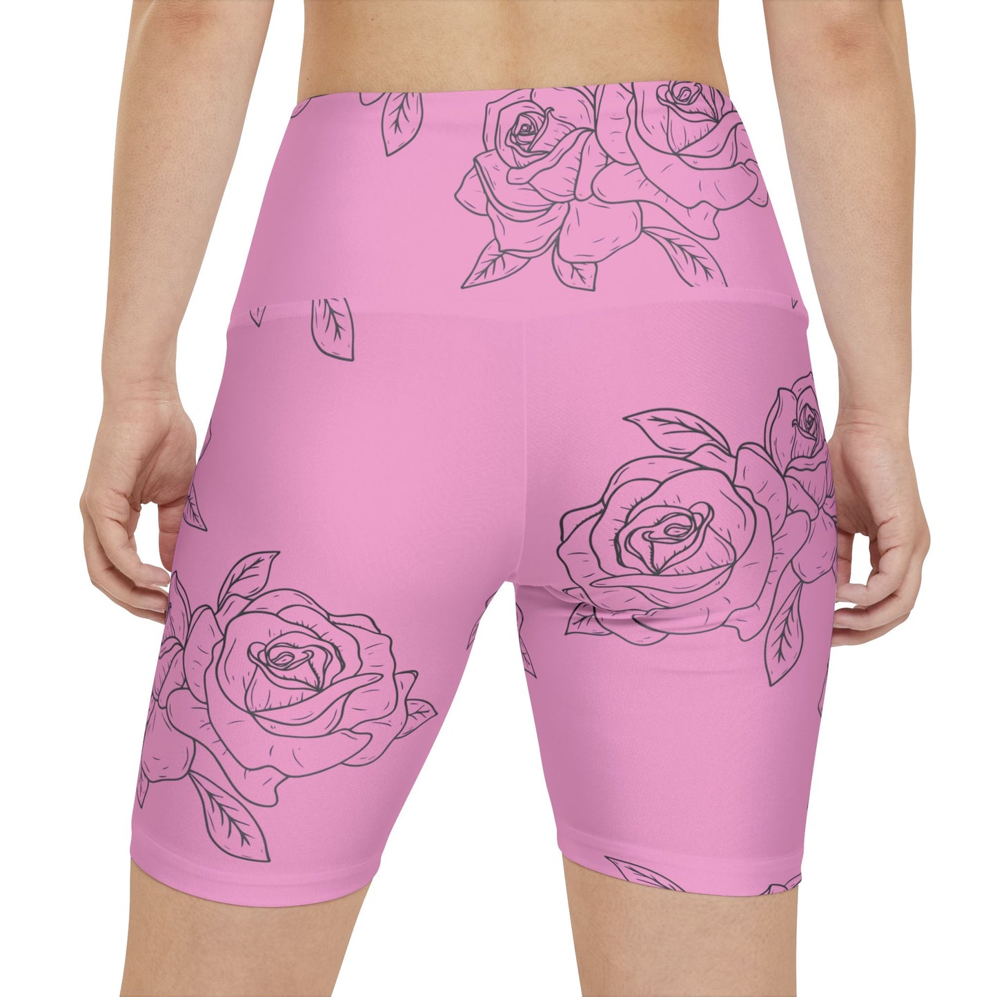 Pink Rose Print Women's Workout Shorts — Floral Activewear Bike Shorts©