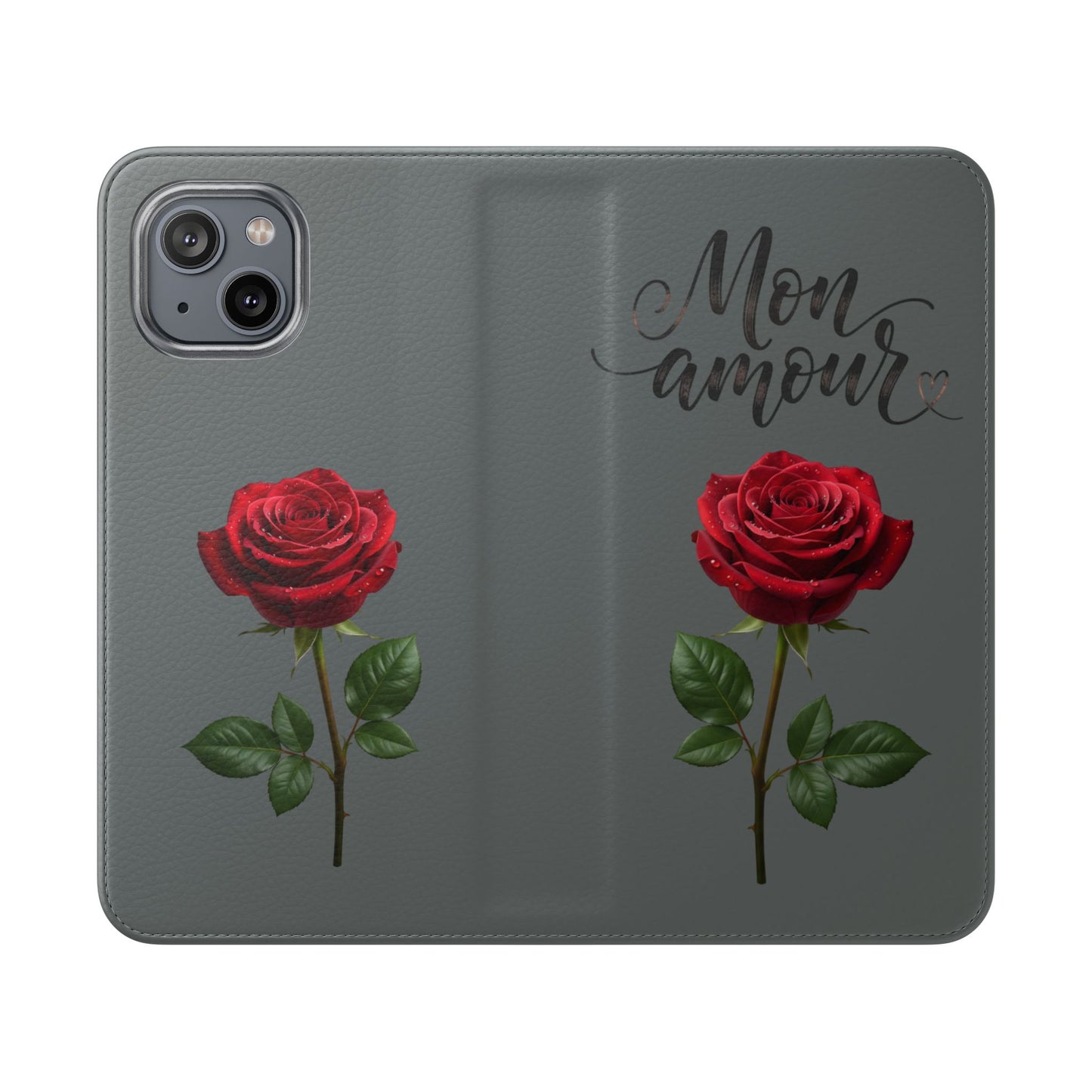 Mon Amour Rose Flip Phone Case — Floral Wallet Flip Case with 'Mon amour' Script