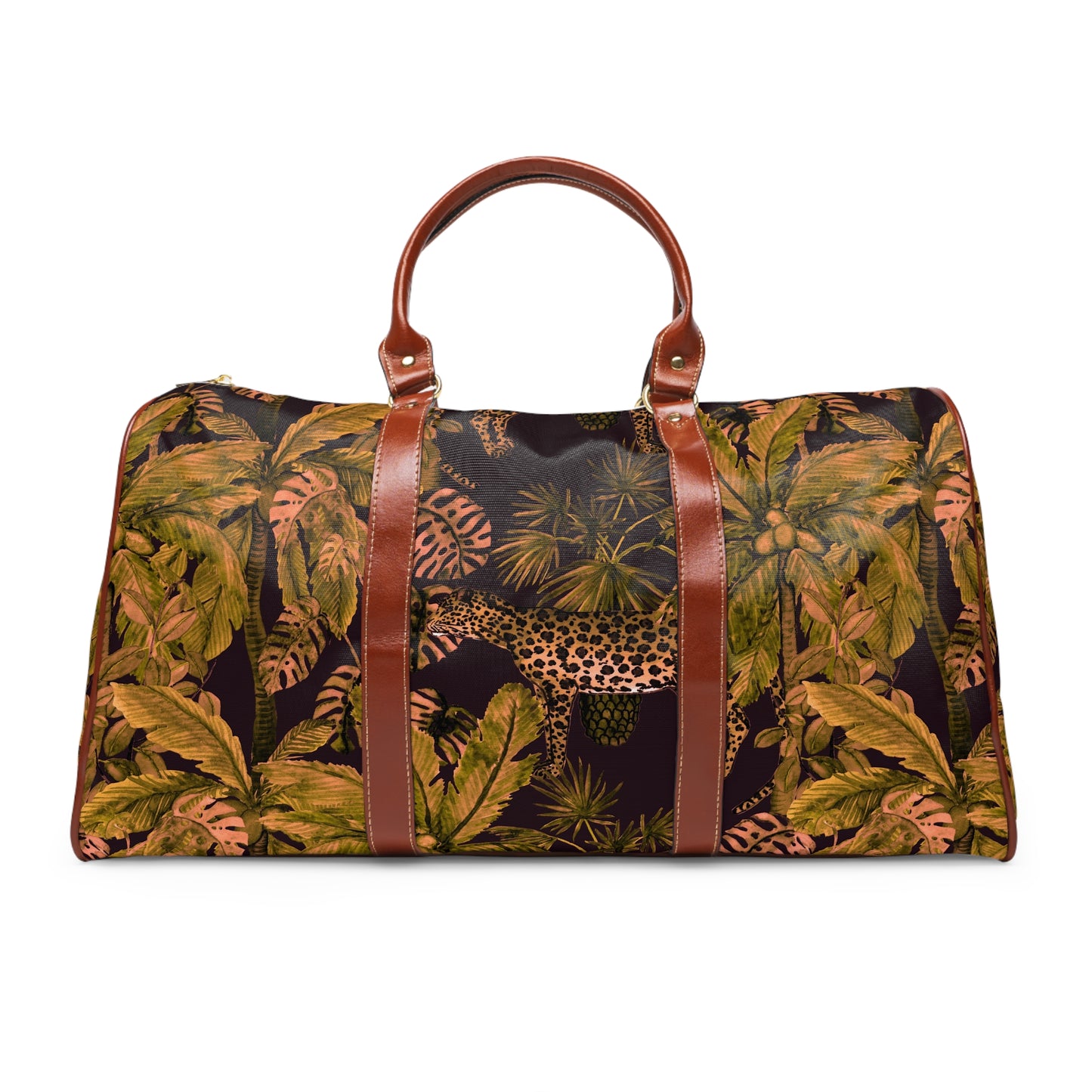 Tropical Leopard Waterproof Travel Bag — Jungle Print Duffle with Leather Handles©
