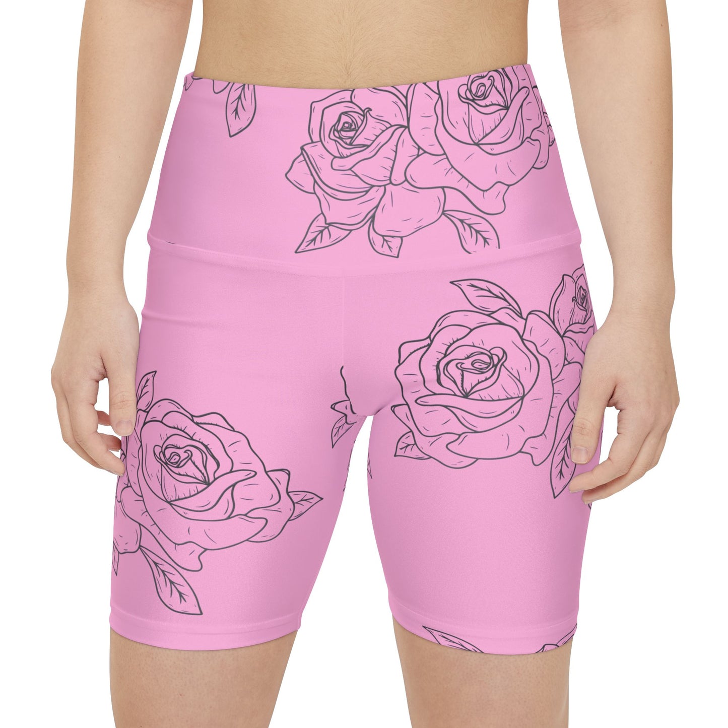 Pink Rose Print Women's Workout Shorts — Floral Activewear Bike Shorts©