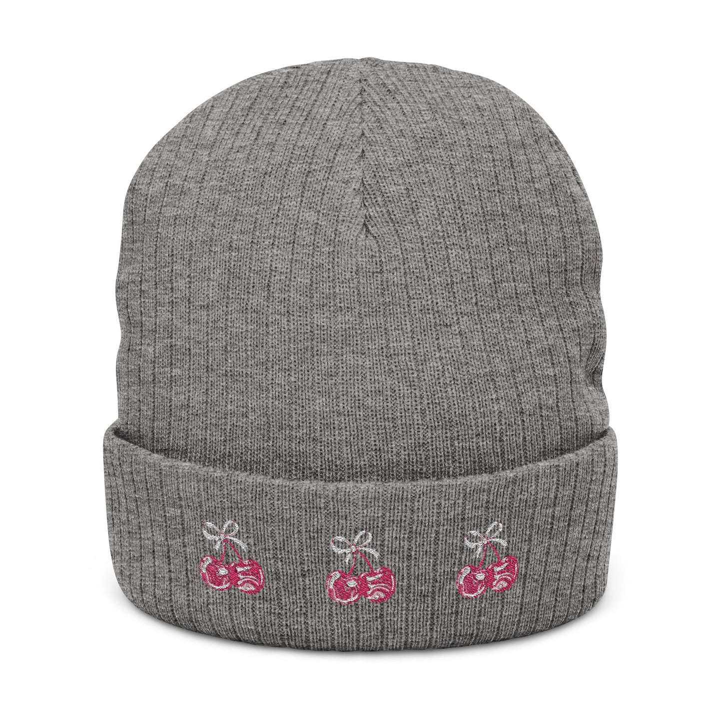 Embroidered Cherry Ribbed Beanie — Cute Knit Winter©