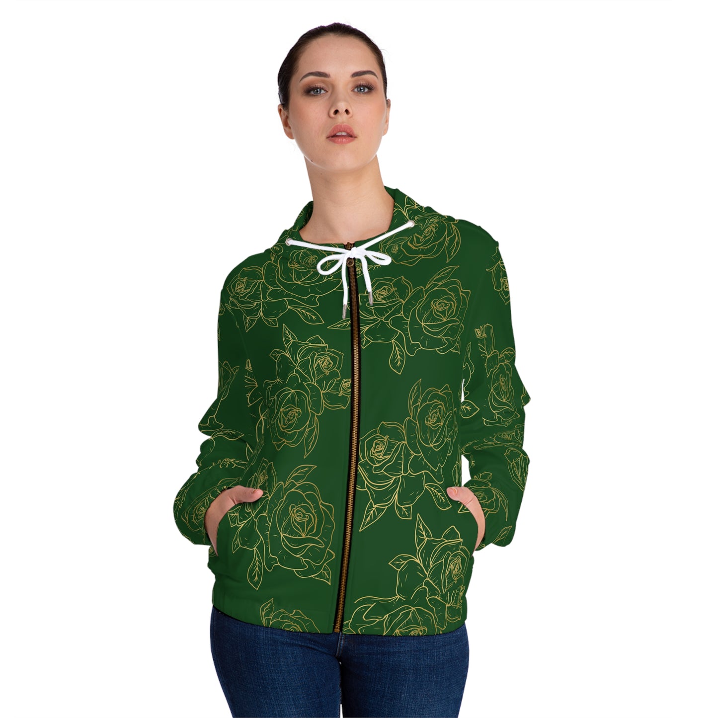 Floral Rose Sketch Zip Hoodie — Green All-Over Print©