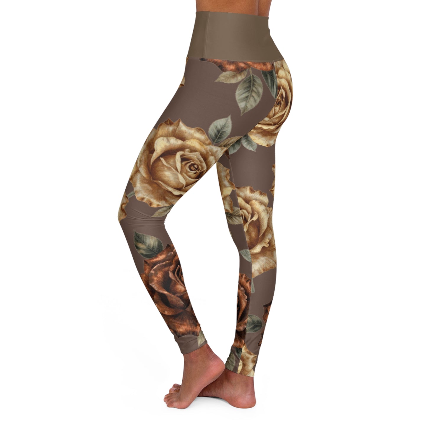 High-Waist Floral Yoga Leggings – Brown Vintage Rose Print©