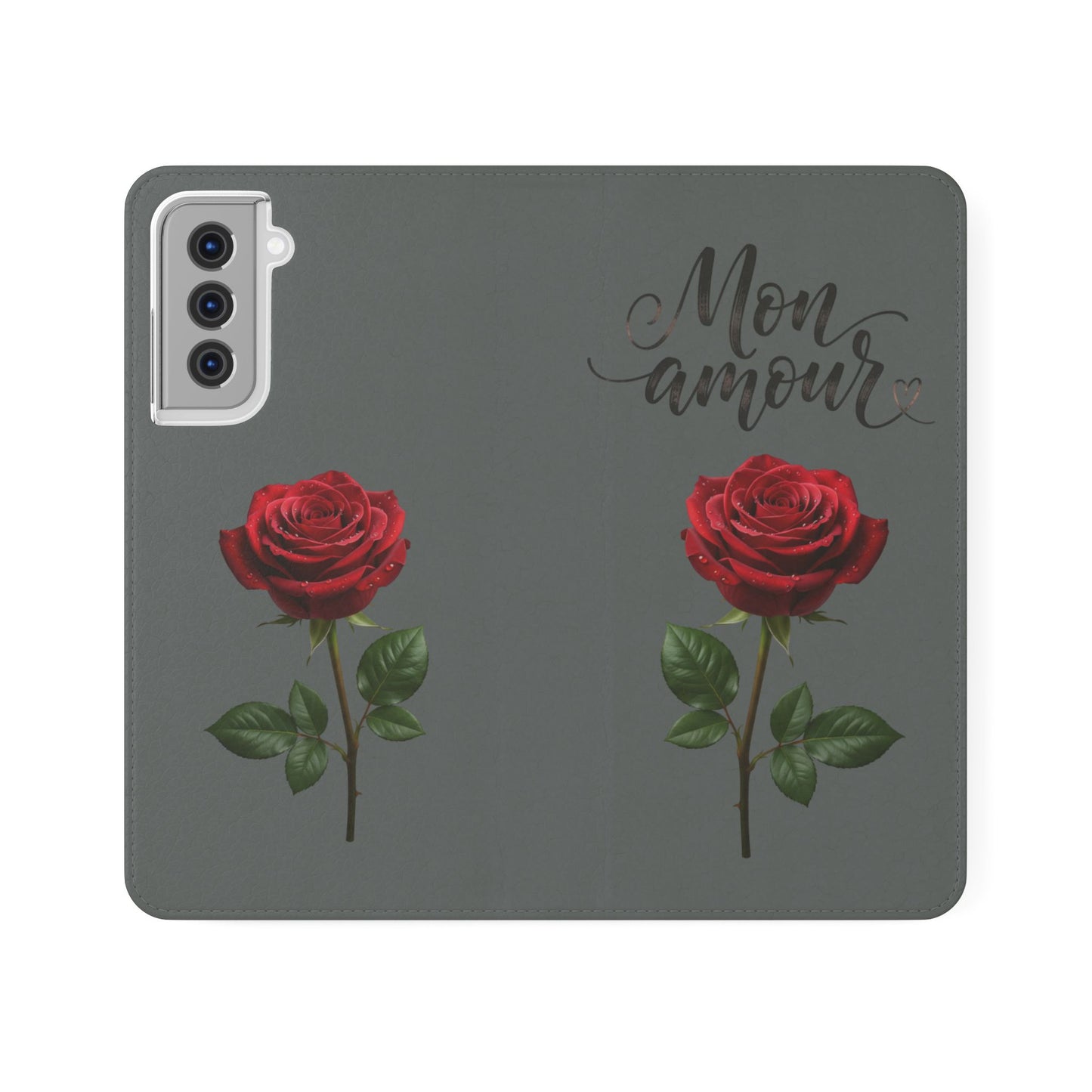 Mon Amour Rose Flip Phone Case — Floral Wallet Flip Case with 'Mon amour' Script