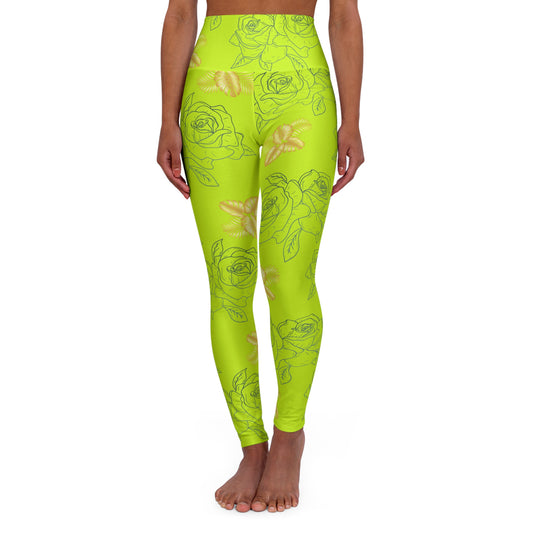 Neon Green Rose High-Waist Yoga Leggings — Floral All-Over Print©