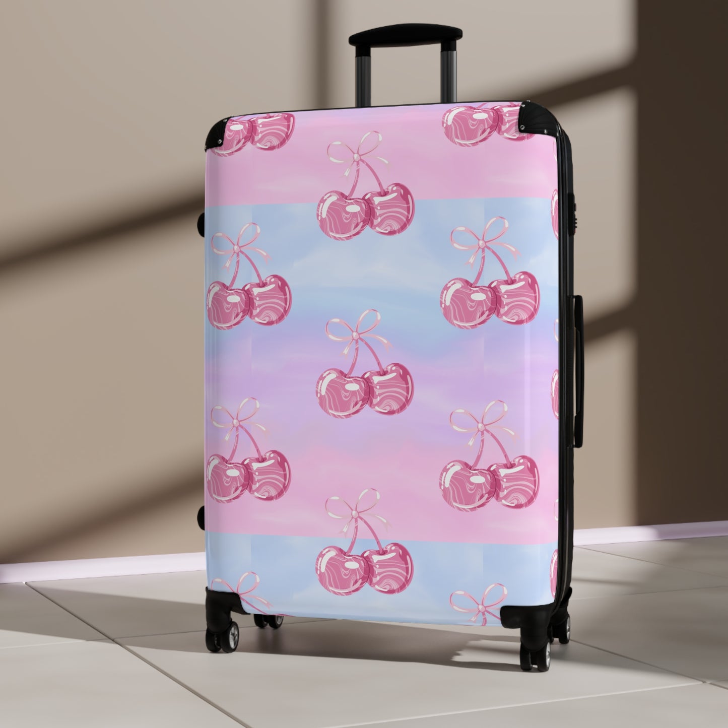 Cherry Pattern Suitcase— Pastel Pink & Lavender Travel Luggage©