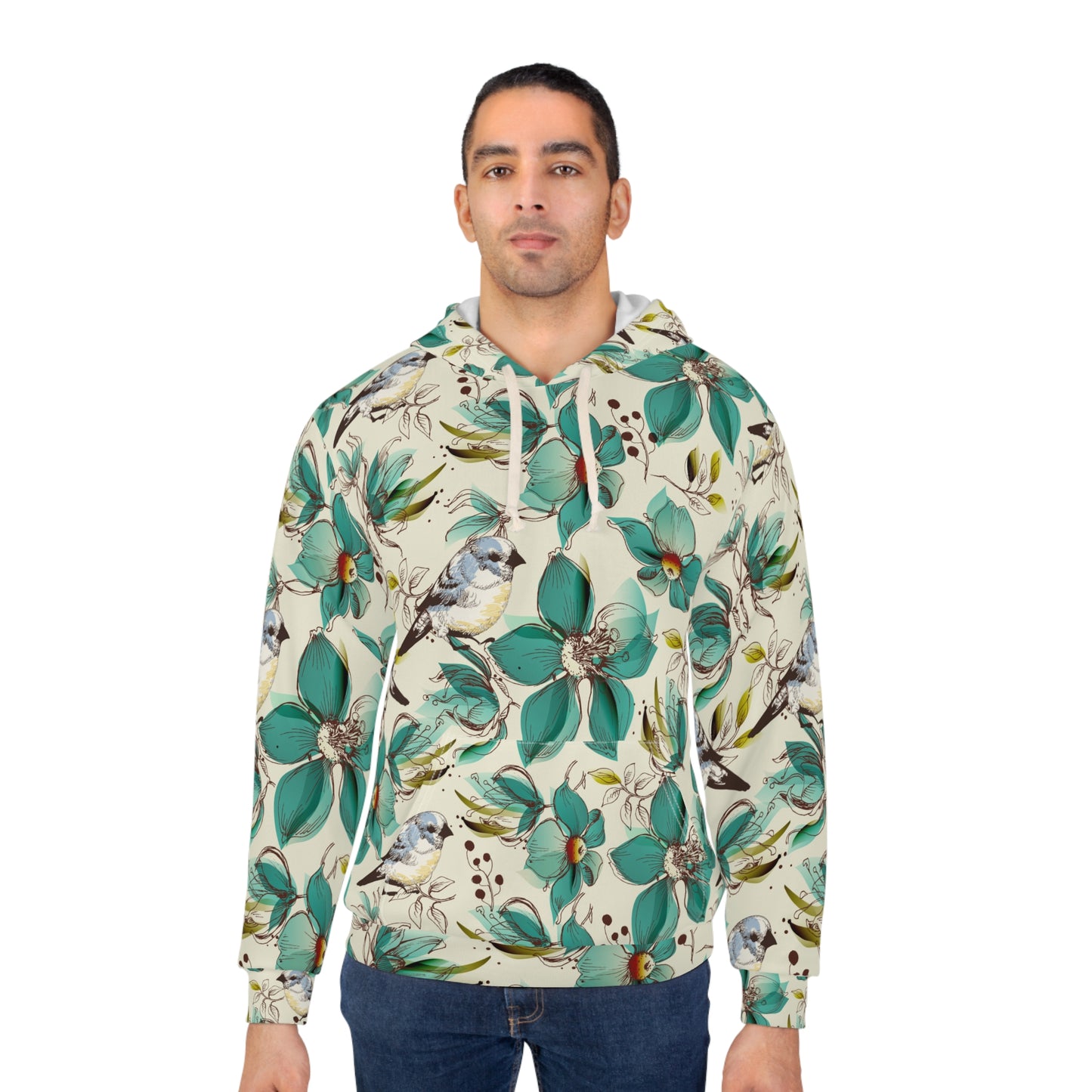 Floral Teal Bird Hoodie — All-Over Print Spring Sweatshirt
