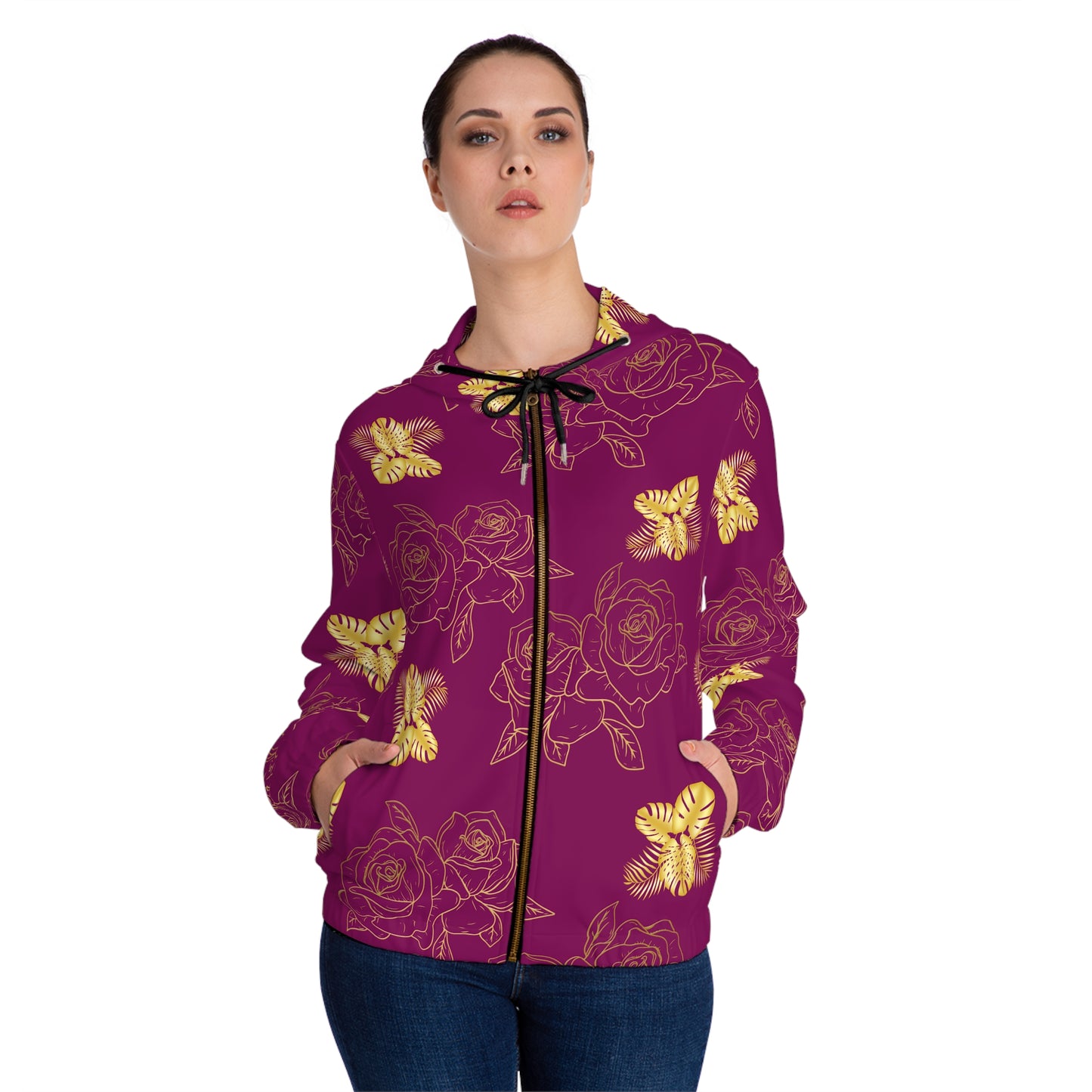 Floral Butterfly Zip Hoodie — Burgundy Rose Pattern Women’s Full-Zip©