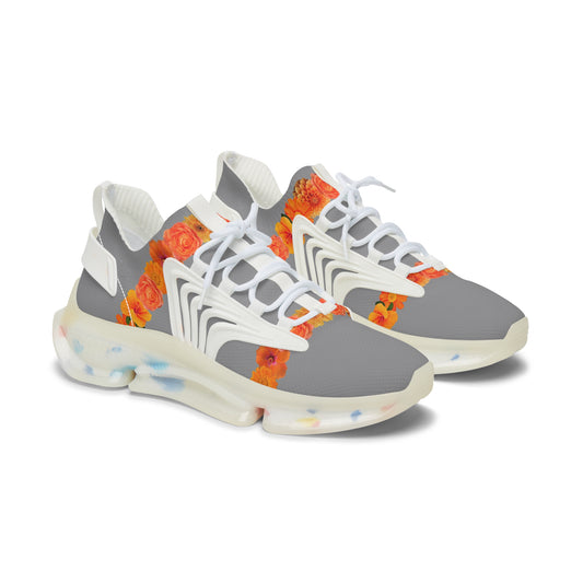 Women's Mesh Sneakers — Grey Athletic Shoes with Orange Floral Accent